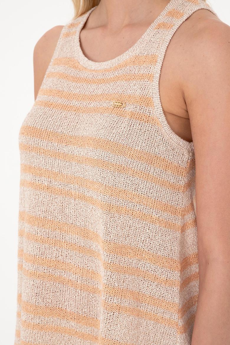 Kadın Turuncu Çizgili Kolsuz Bisiklet Yaka Tişört - 50300736011