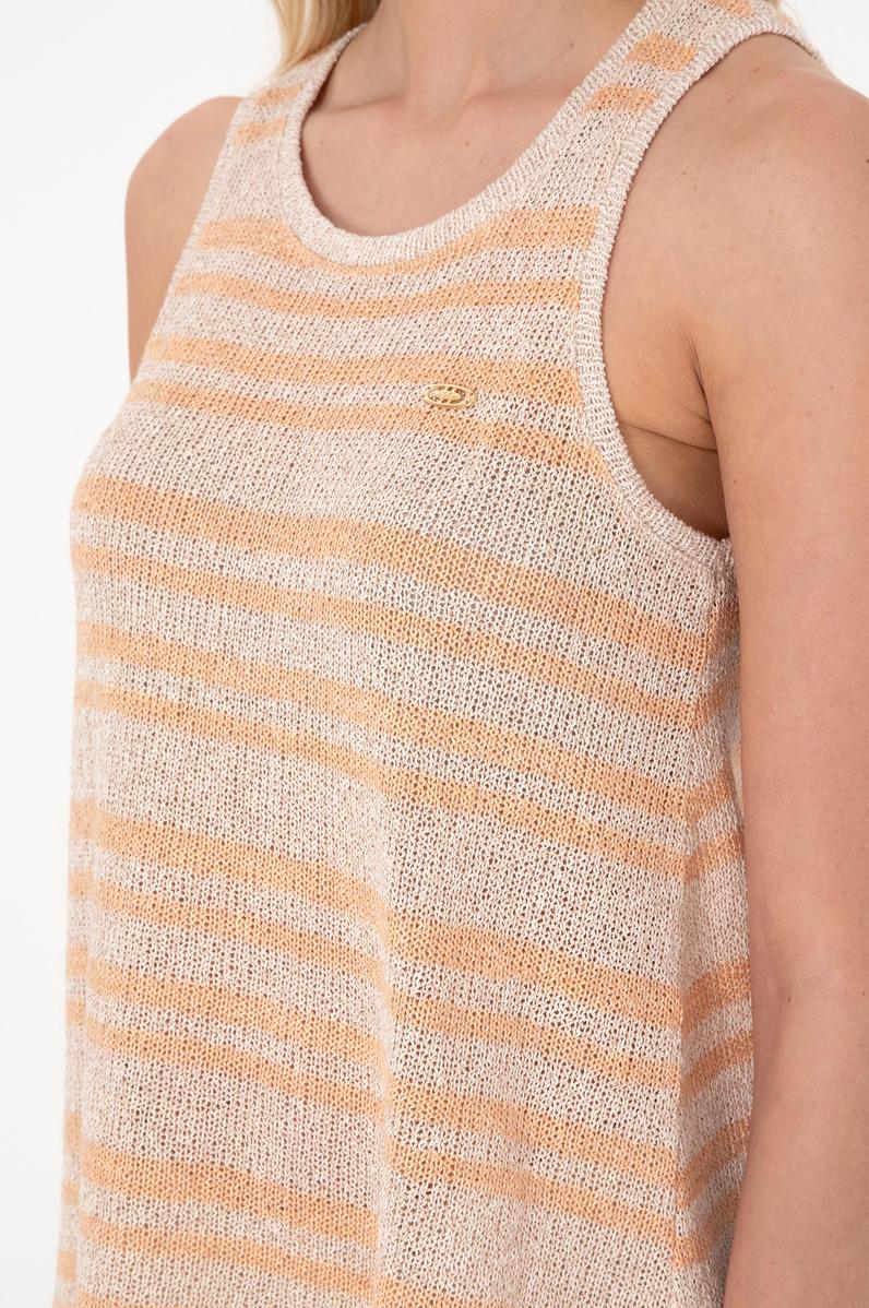 Kadın Turuncu Çizgili Kolsuz Bisiklet Yaka Tişört