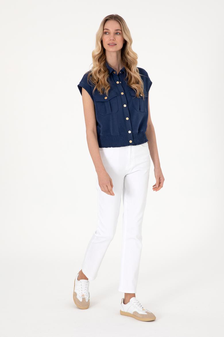 Kadın Lacivert Modal Karışımlı Kısa Kollu Polo Yaka Sweatshırt - 50300763007