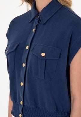 Kadın Lacivert Modal Karışımlı Kısa Kollu Polo Yaka Sweatshırt - 50300763007