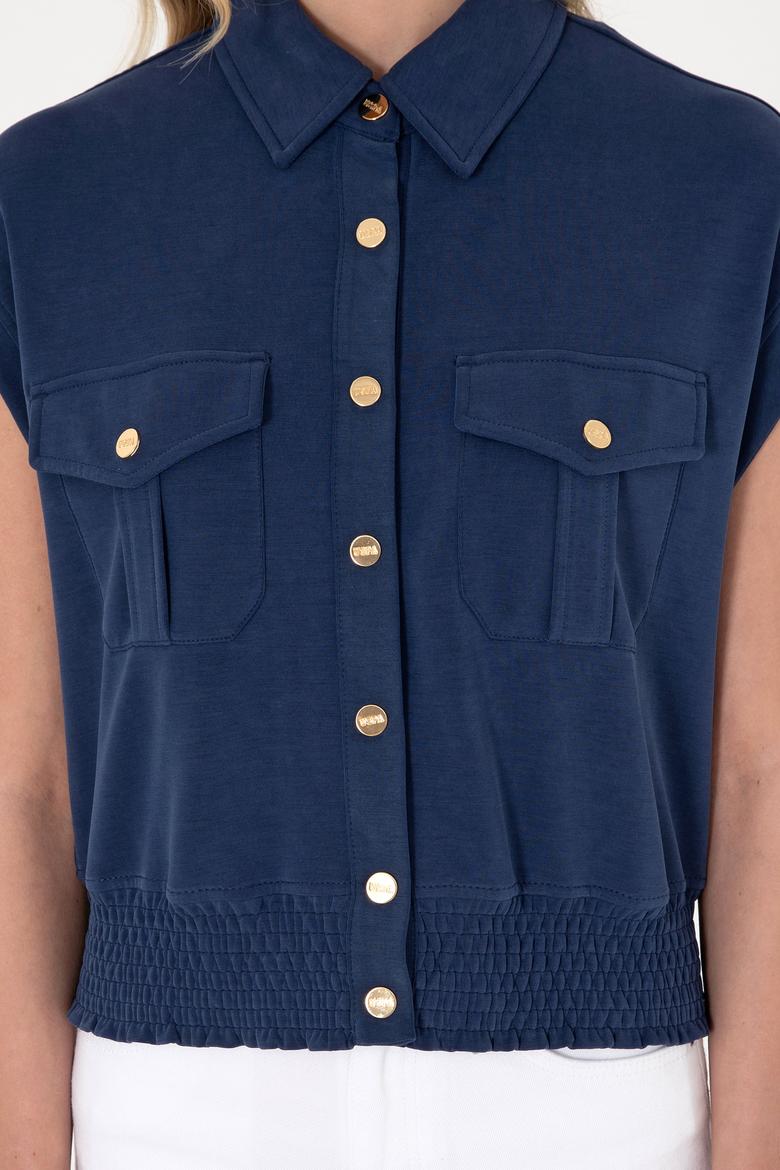 Kadın Lacivert Modal Karışımlı Kısa Kollu Polo Yaka Sweatshırt - 50300763007