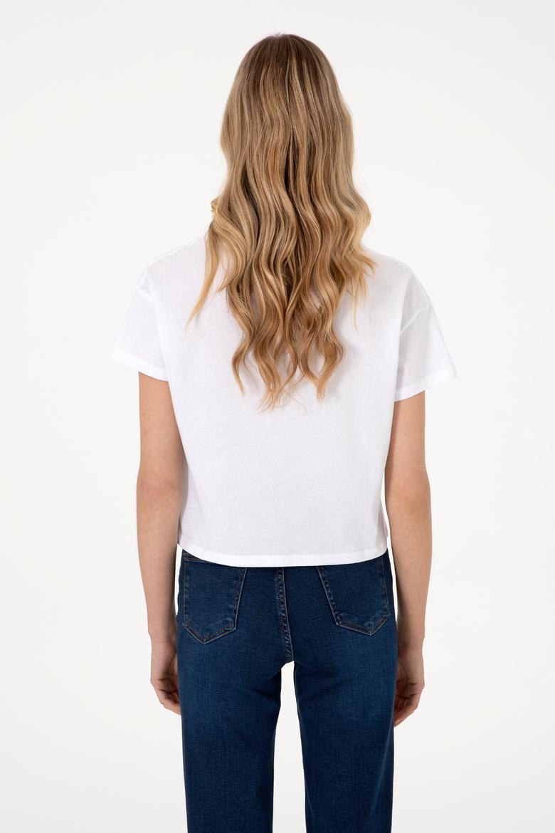 Kadın Beyaz Bisiklet Yaka Tişört - 50299735005