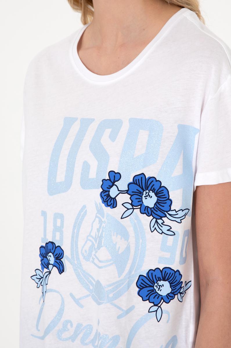 Kadın Beyaz Desenli Bisiklet Yaka Tişört