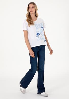 Kadın Beyaz Desenli Bisiklet Yaka Tişört - 50299670007