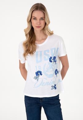 Kadın Beyaz Desenli Bisiklet Yaka Tişört - 50299670007