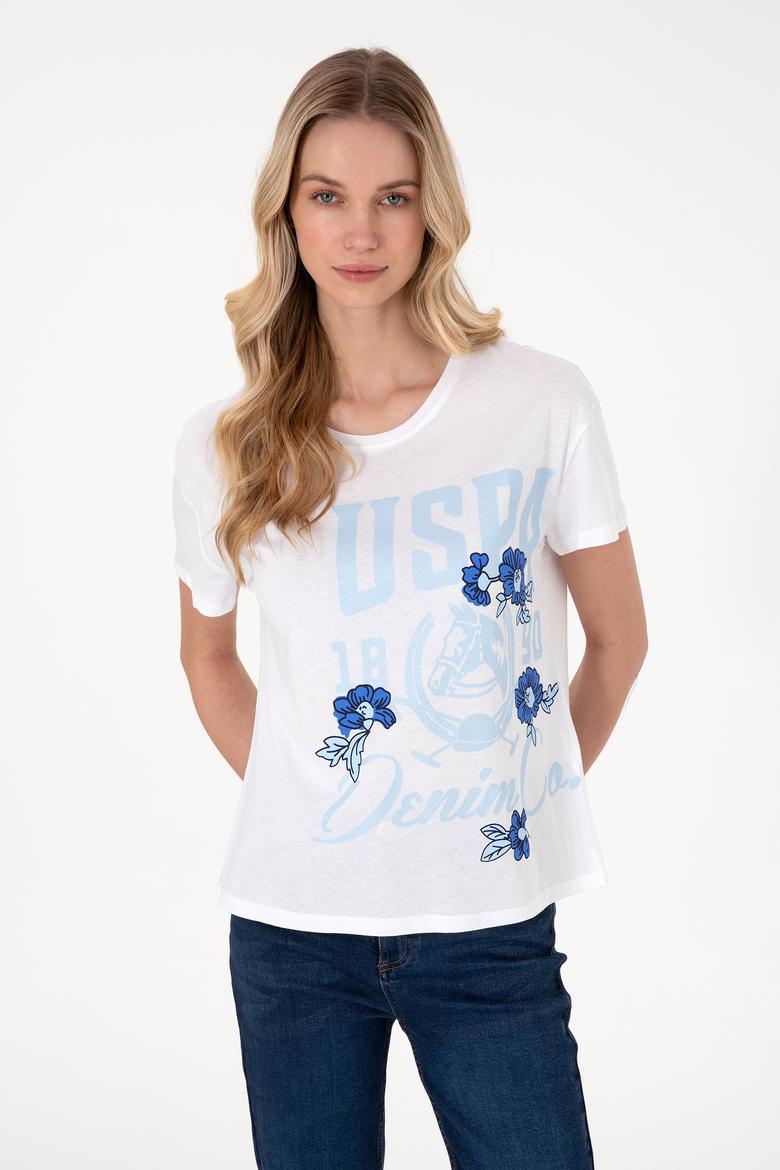 Kadın Beyaz Desenli Bisiklet Yaka Tişört - 50299670007