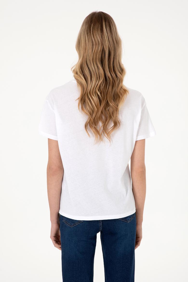 Kadın Beyaz Desenli Bisiklet Yaka Tişört - 50299670007