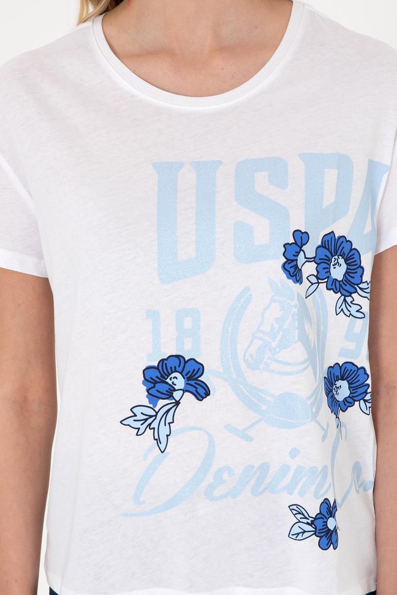 Kadın Beyaz Desenli Bisiklet Yaka Tişört - 50299670007