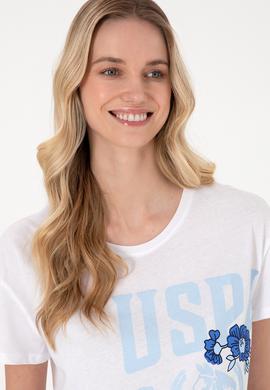 Kadın Beyaz Desenli Bisiklet Yaka Tişört - 50299670007