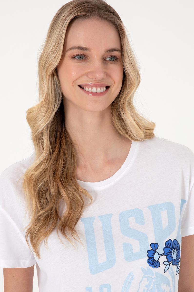 Kadın Beyaz Desenli Bisiklet Yaka Tişört