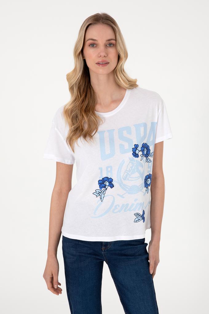 Kadın Beyaz Desenli Bisiklet Yaka Tişört