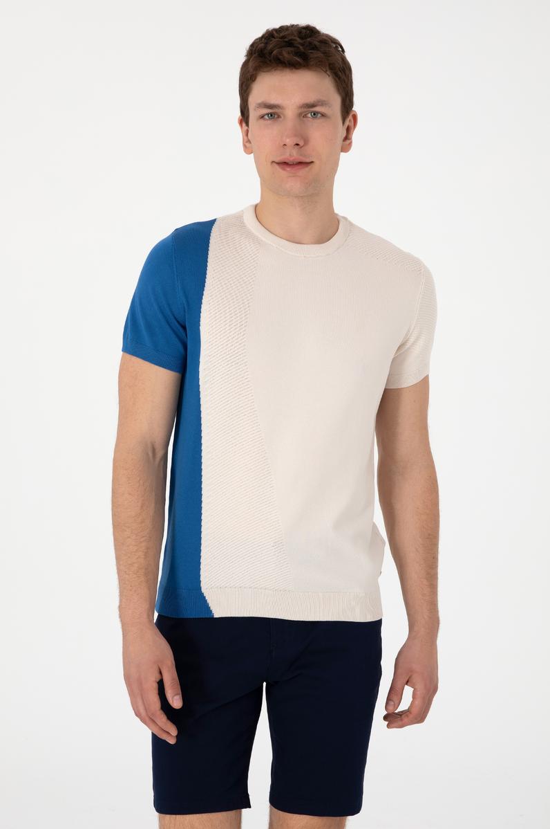 Erkek Slim Fit Bisiklet Yaka Ekru Kazak