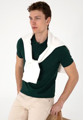 Erkek Slim Fit Polo Yaka Koyu Yeşil Basic Tişört - 50298011071