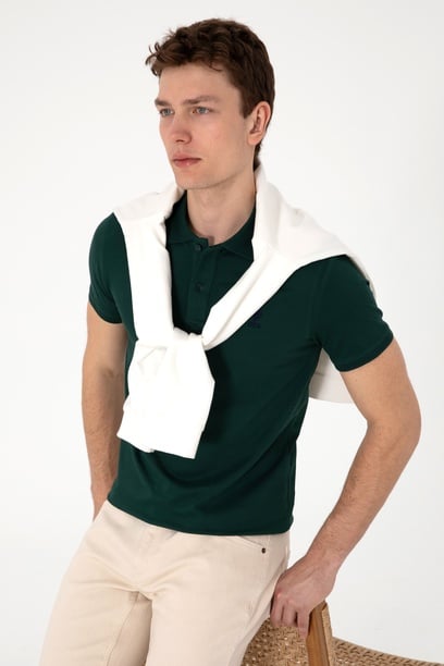 Erkek Slim Fit Polo Yaka Koyu Yeşil Basic Tişört