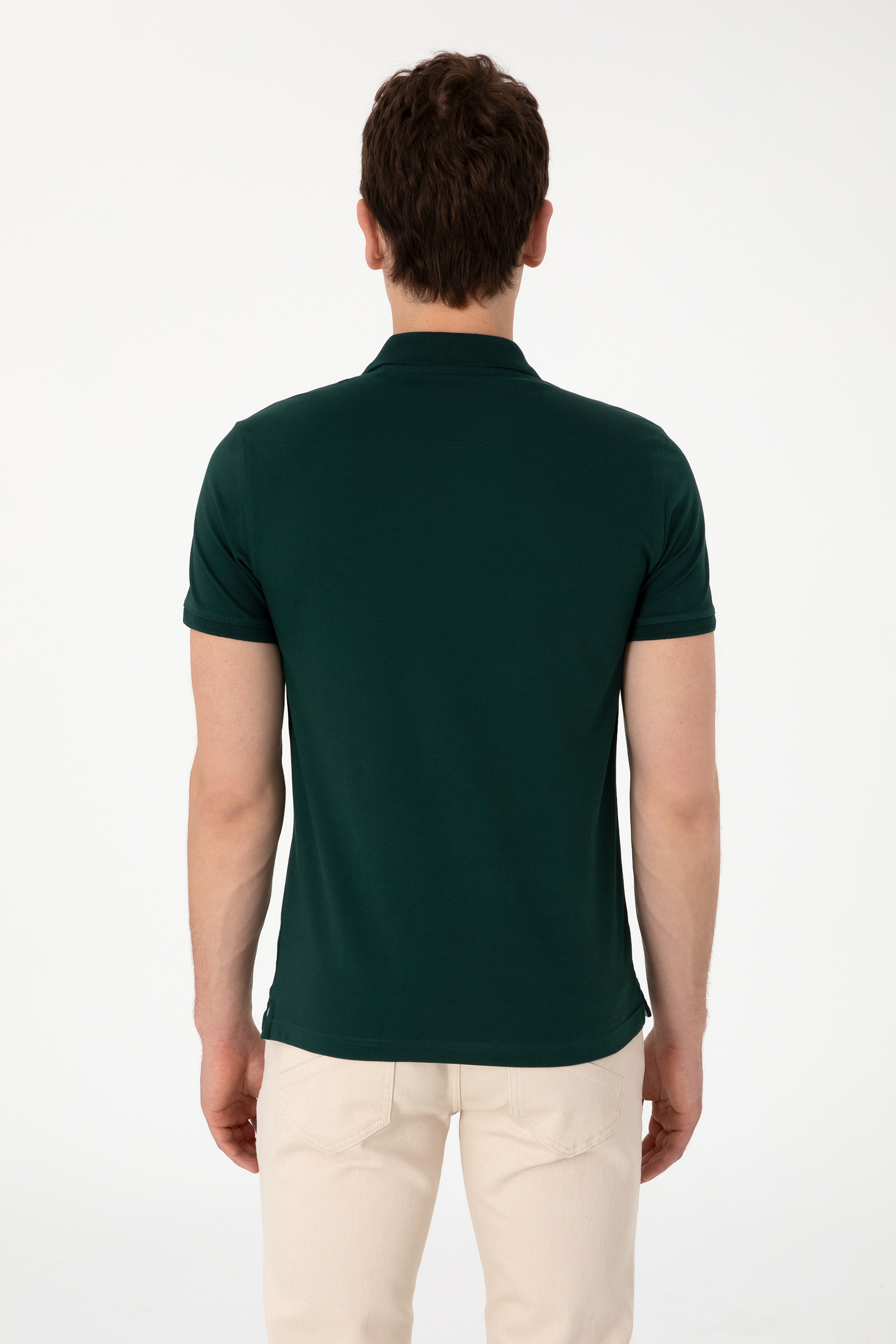 Erkek Slim Fit Polo Yaka Koyu Yeşil Basic Tişört - Image 5