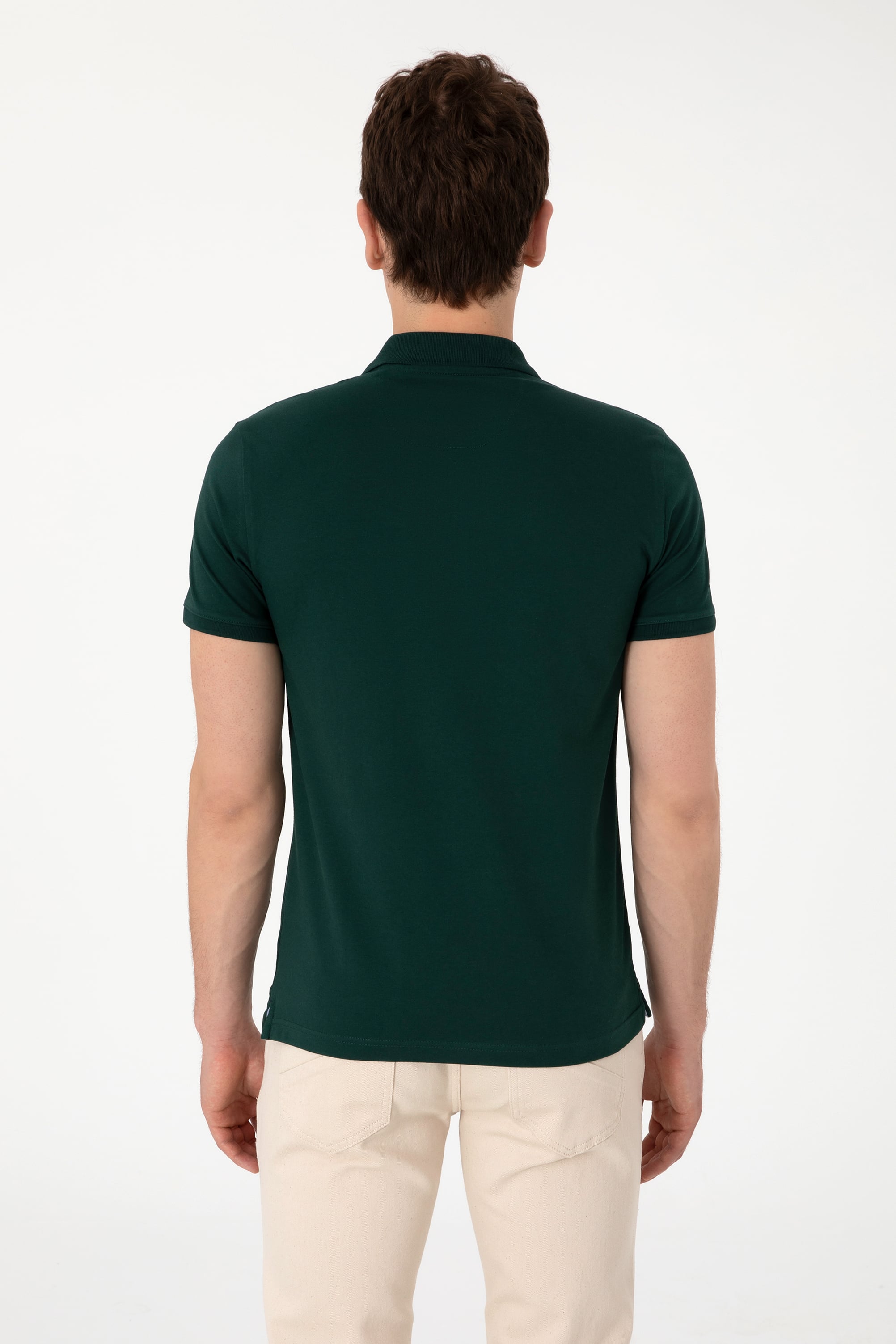 Erkek Slim Fit Polo Yaka Koyu Yeşil Basic Tişört