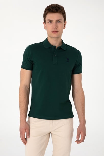 Erkek Slim Fit Polo Yaka Koyu Yeşil Basic Tişört