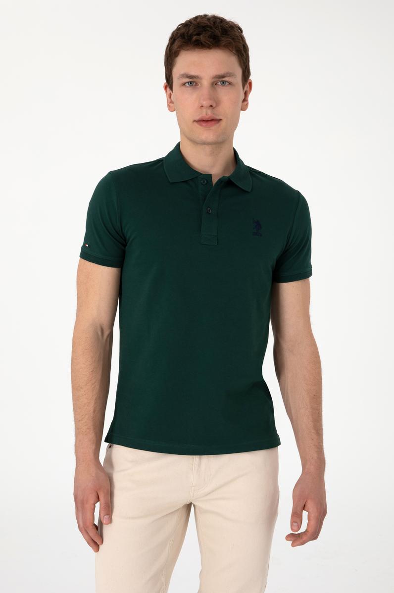 Erkek Slim Fit Polo Yaka Koyu Yeşil Basic Tişört