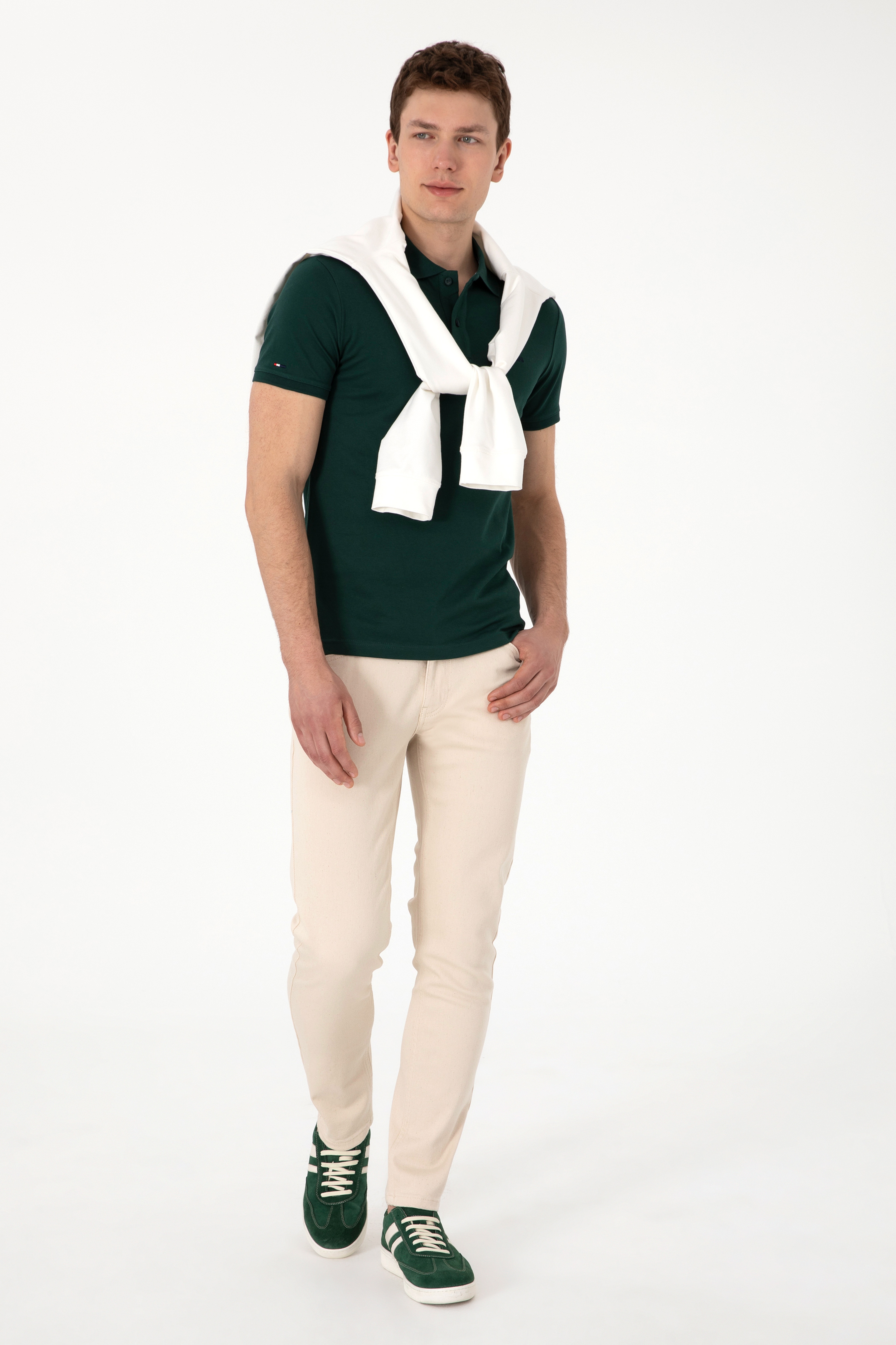 Erkek Slim Fit Polo Yaka Koyu Yeşil Basic Tişört