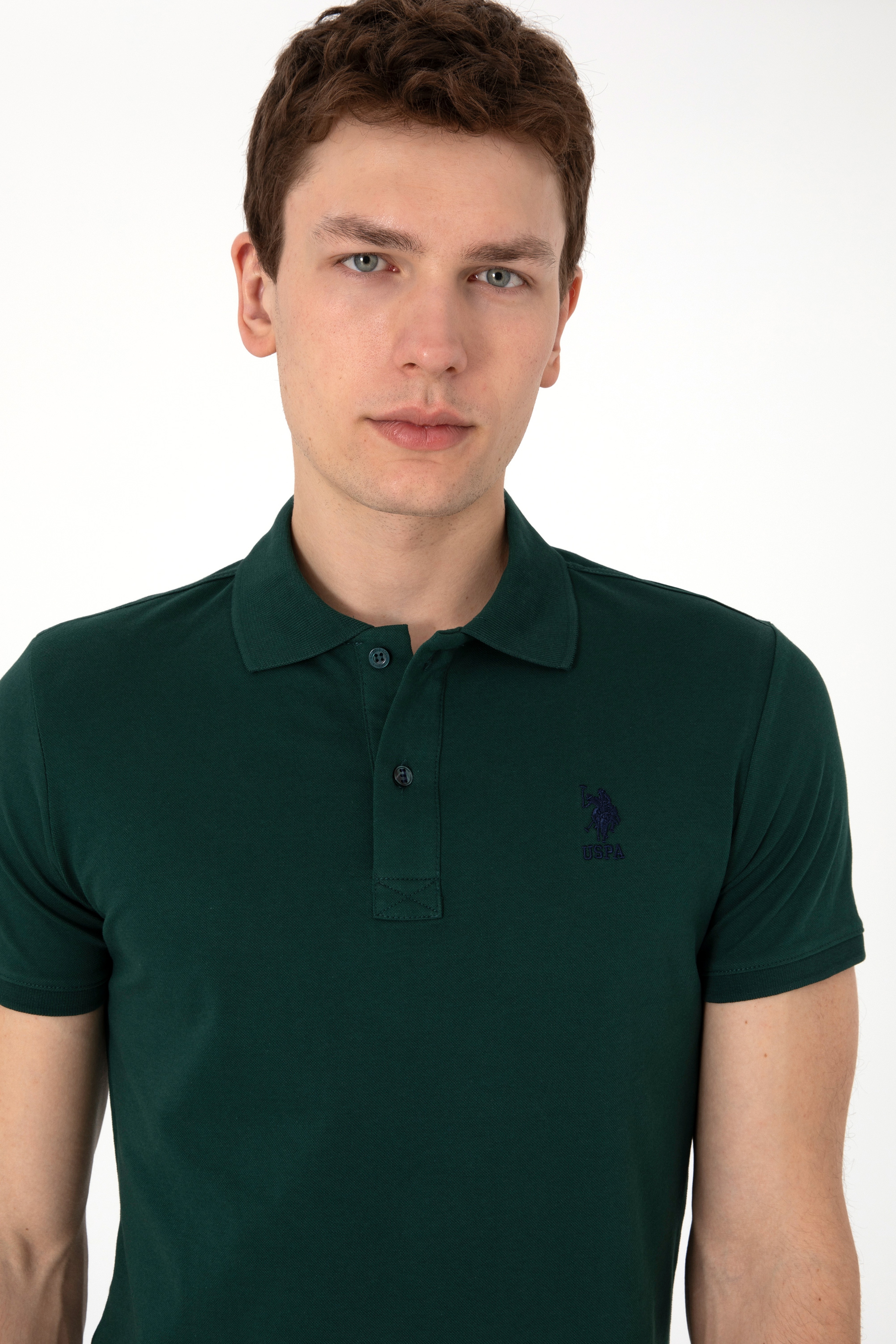 Erkek Slim Fit Polo Yaka Koyu Yeşil Basic Tişört - Image 2