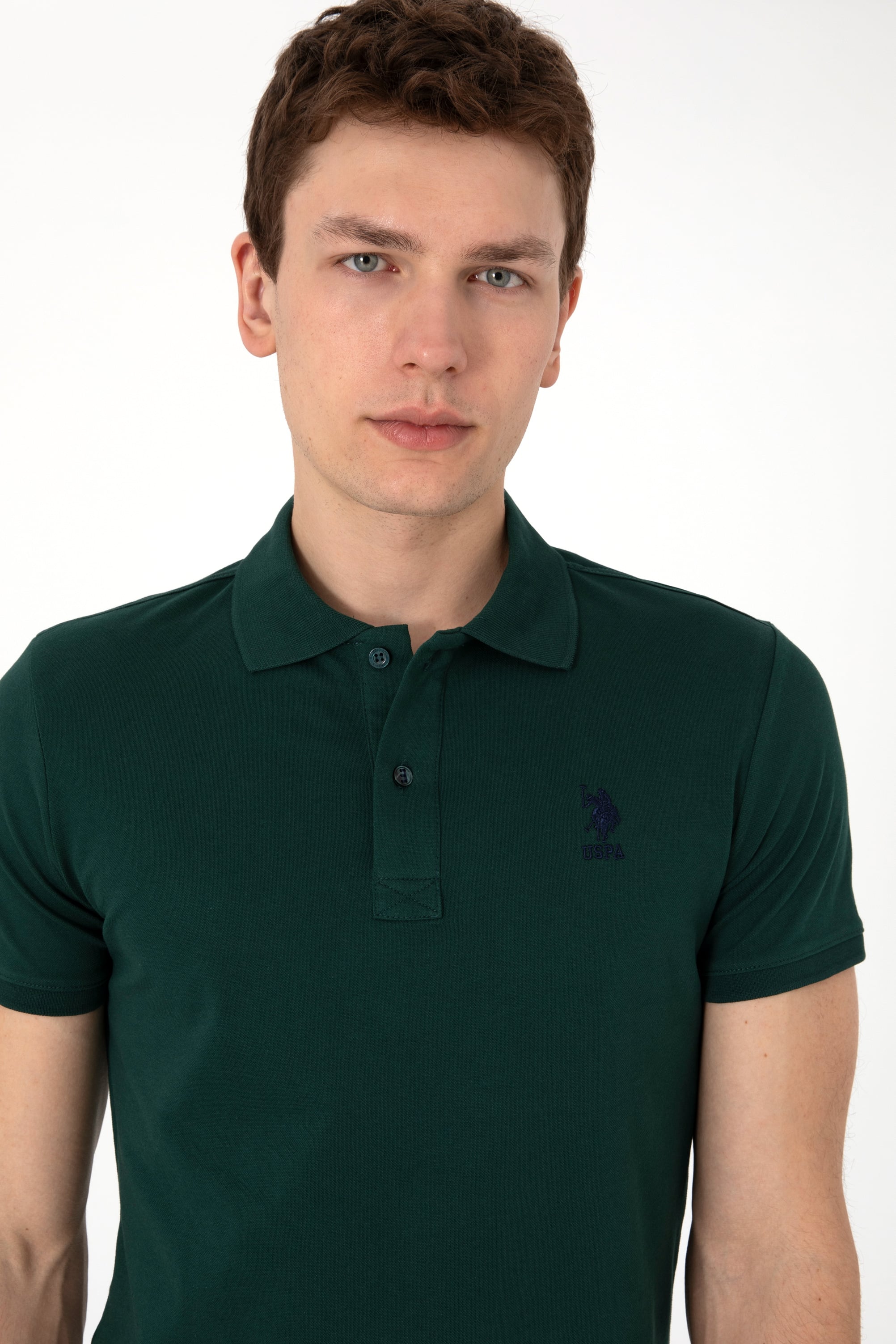Erkek Slim Fit Polo Yaka Koyu Yeşil Basic Tişört