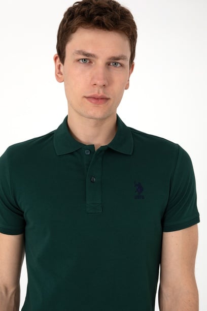 Erkek Slim Fit Polo Yaka Koyu Yeşil Basic Tişört