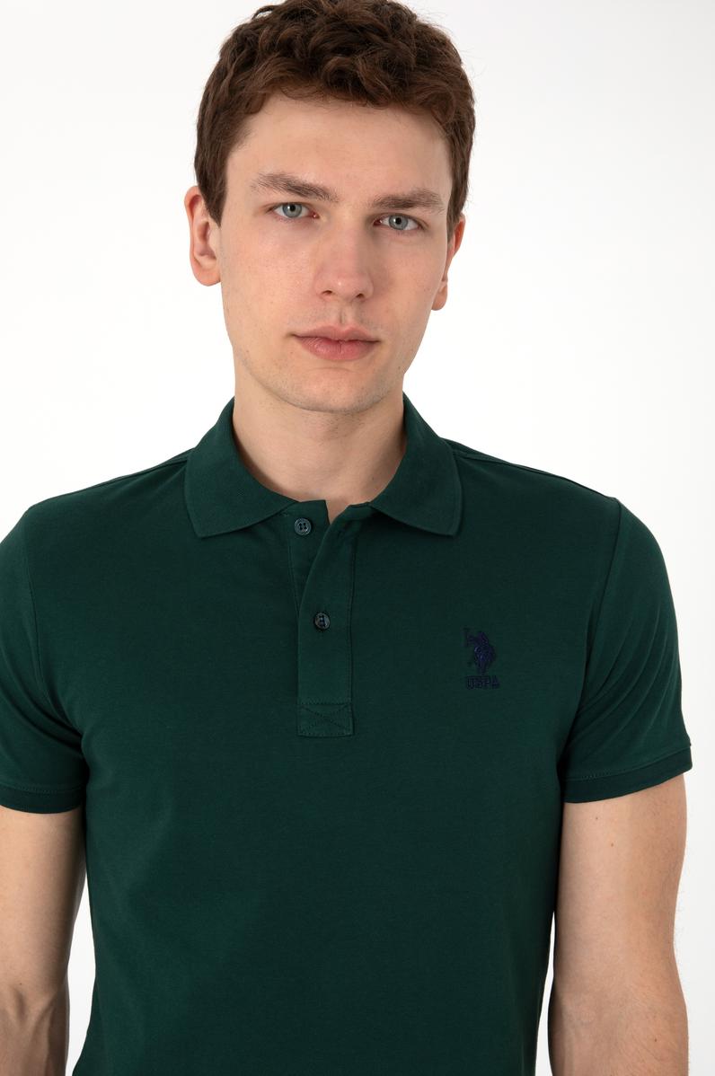 Erkek Slim Fit Polo Yaka Koyu Yeşil Basic Tişört