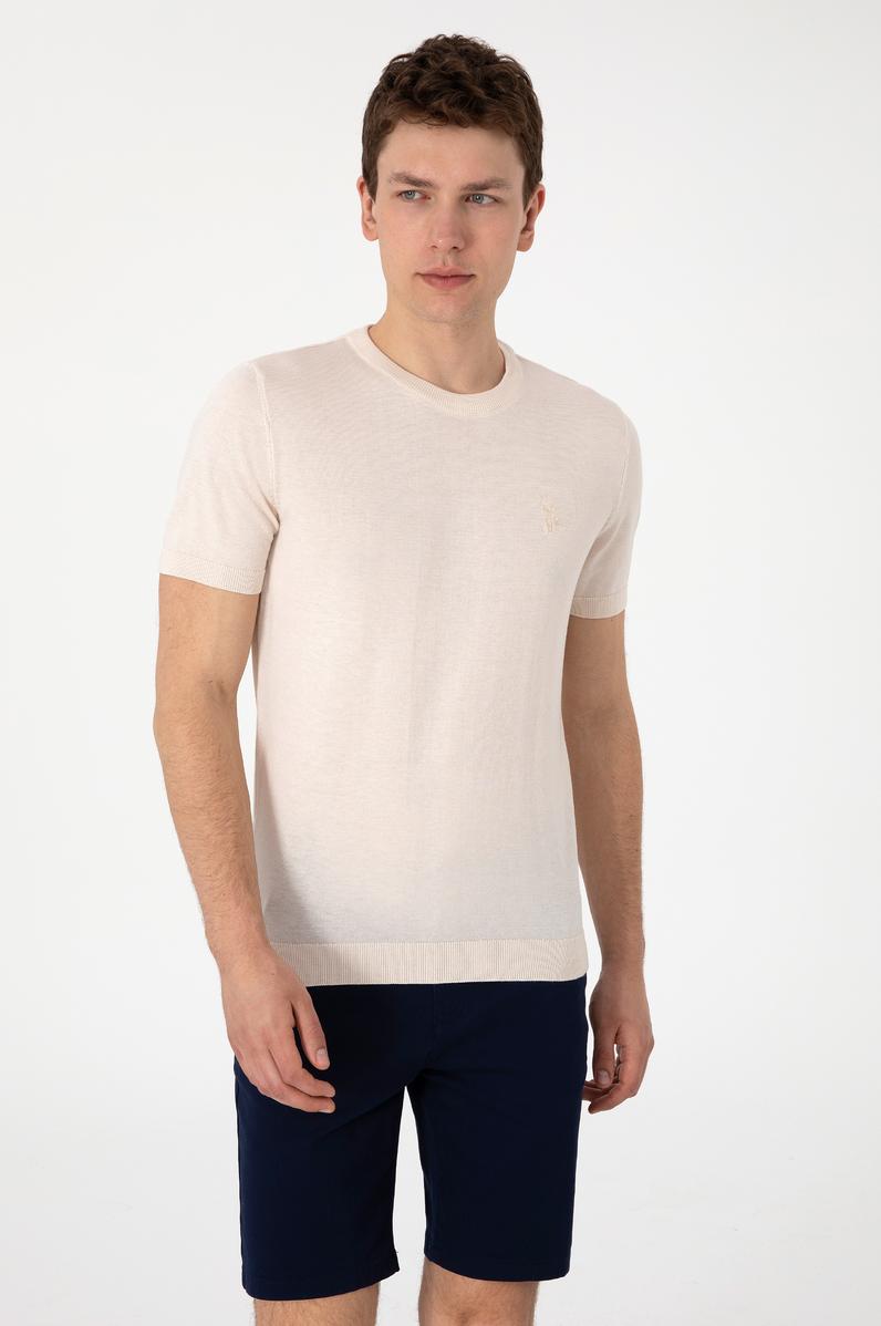 Erkek Slim Fit Bisiklet Yaka Krem Kazak