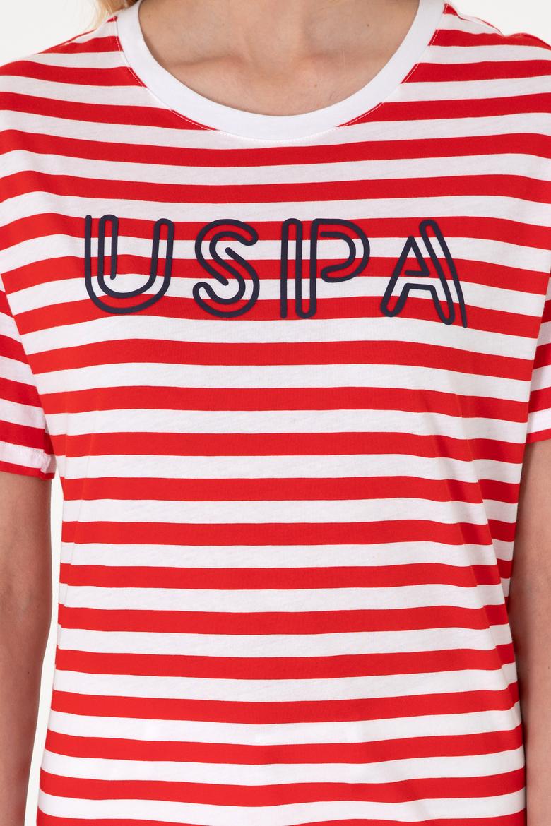 Kadın Kırmızı Çizgili Bisiklet Yaka Tişört - 50305772006