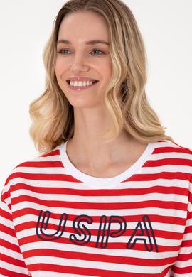 Kadın Kırmızı Çizgili Bisiklet Yaka Tişört - 50305772006