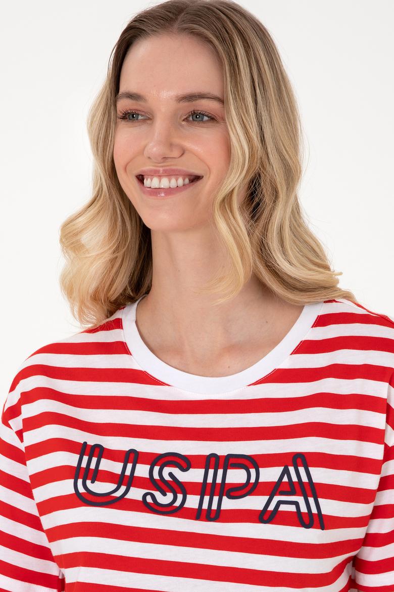 Kadın Kırmızı Çizgili Bisiklet Yaka Tişört - 50305772006