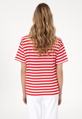 Kadın Kırmızı Çizgili Bisiklet Yaka Tişört - 50305772006