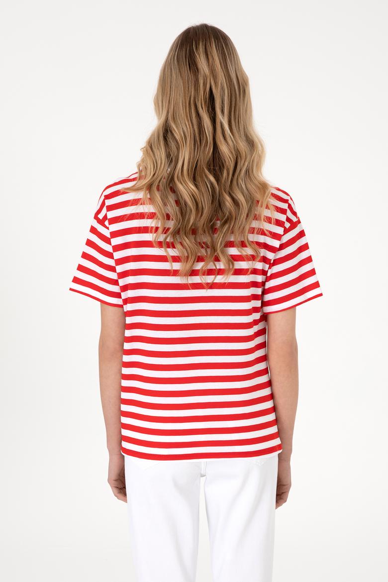 Kadın Kırmızı Çizgili Bisiklet Yaka Tişört - 50305772006