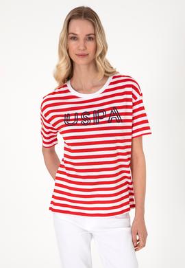 Kadın Kırmızı Çizgili Bisiklet Yaka Tişört - 50305772006