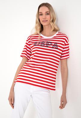 Kadın Kırmızı Çizgili Bisiklet Yaka Tişört - 50305772006