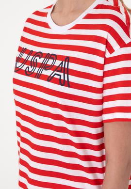 Kadın Kırmızı Çizgili Bisiklet Yaka Tişört - 50305772006