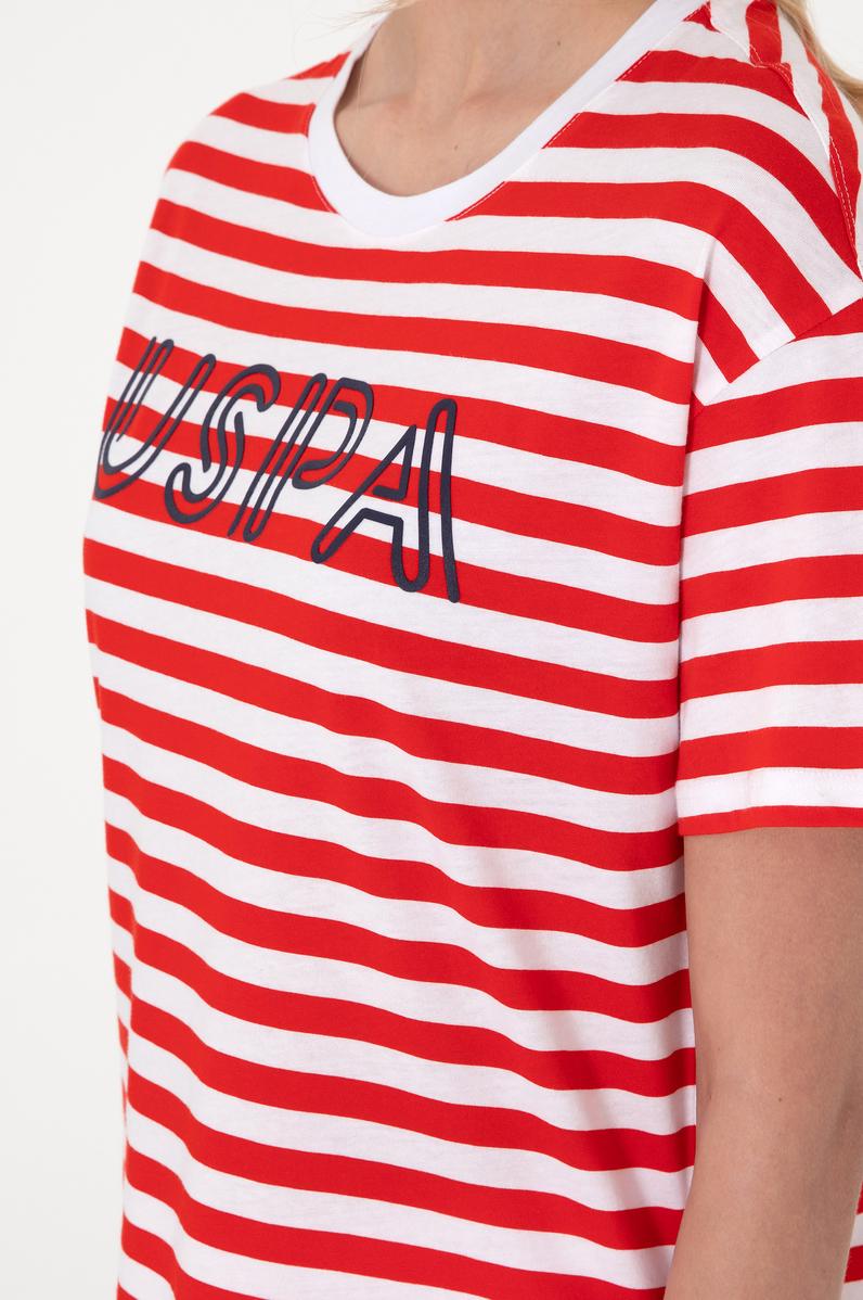 Kadın Kırmızı Çizgili Bisiklet Yaka Tişört