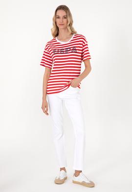 Kadın Kırmızı Çizgili Bisiklet Yaka Tişört - 50305772006