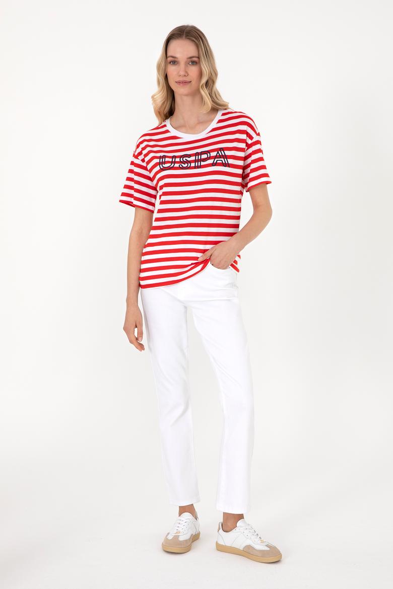 Kadın Kırmızı Çizgili Bisiklet Yaka Tişört - 50305772006