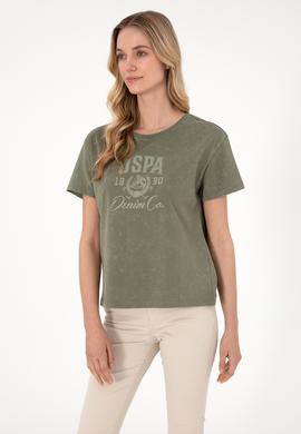 Kadın Haki Yıkamalı Bisiklet Yaka Tişört - 50312955009