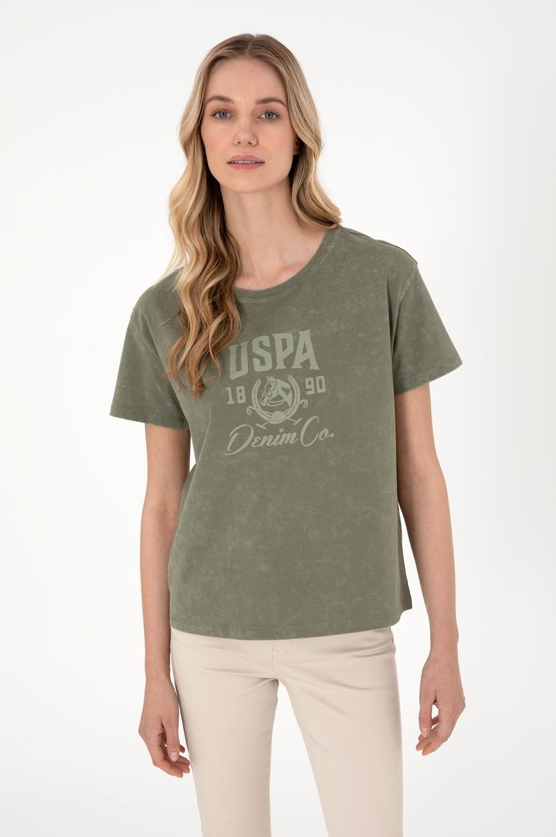 Kadın Haki Yıkamalı Bisiklet Yaka Tişört