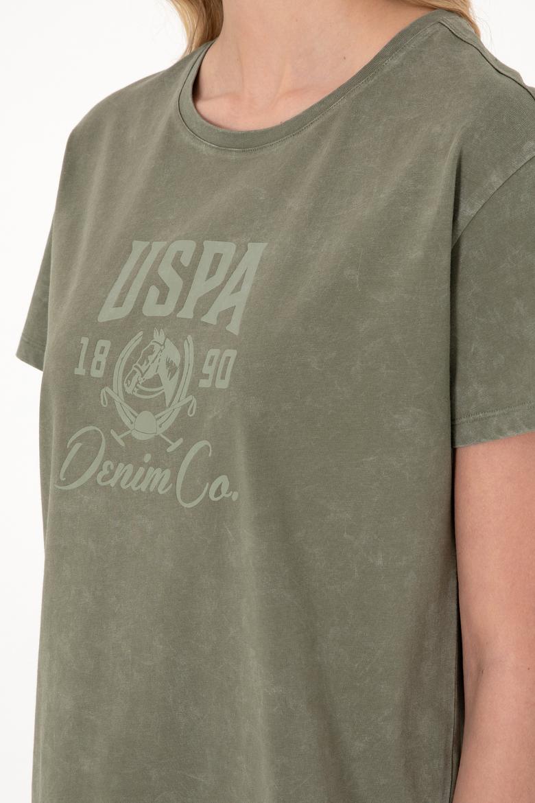 Kadın Haki Yıkamalı Bisiklet Yaka Tişört - 50312955009