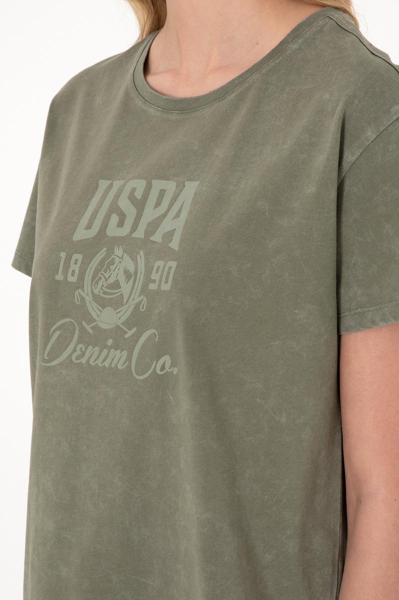 Kadın Haki Yıkamalı Bisiklet Yaka Tişört