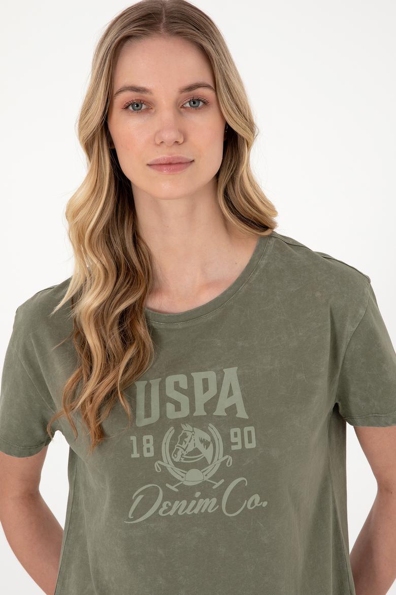 Kadın Haki Yıkamalı Bisiklet Yaka Tişört - 50312955009