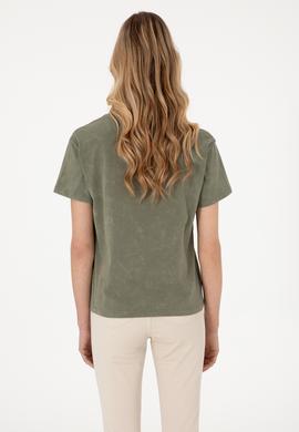 Kadın Haki Yıkamalı Bisiklet Yaka Tişört - 50312955009
