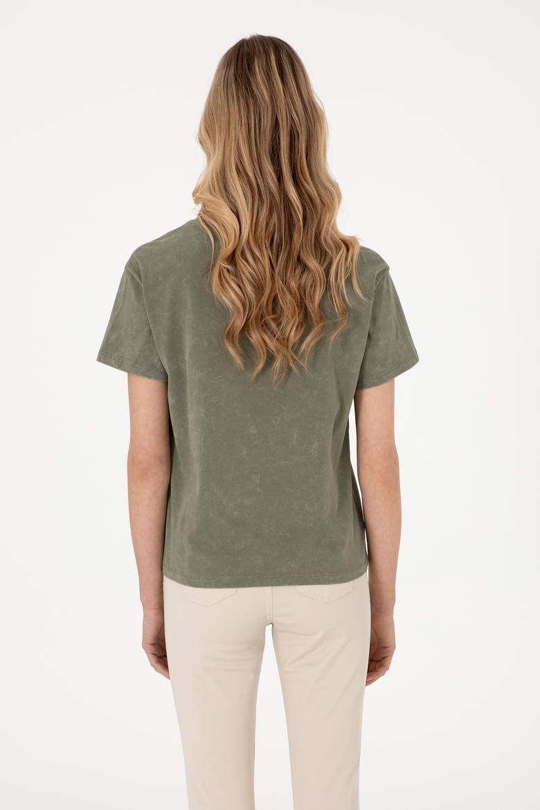 Kadın Haki Yıkamalı Bisiklet Yaka Tişört - 50312955009