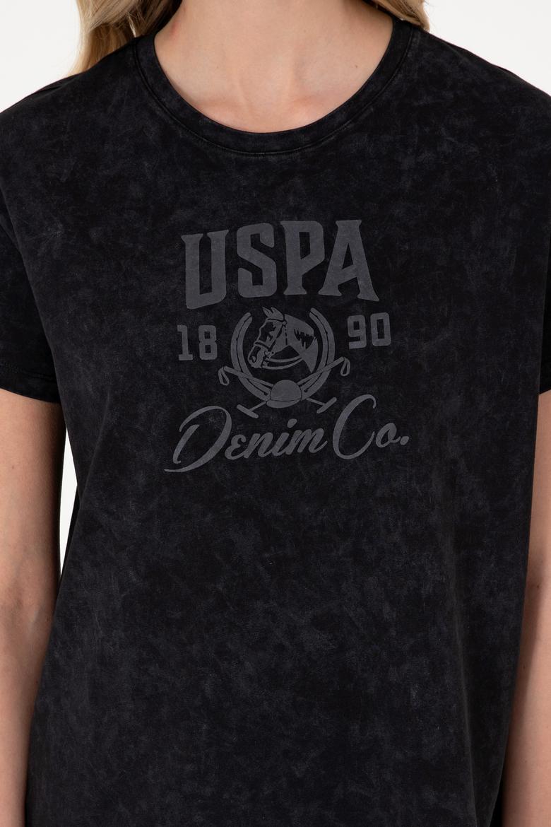 Kadın Siyah Yıkamalı Bisiklet Yaka Tişört - 50312955006