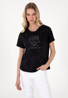 Kadın Siyah Yıkamalı Bisiklet Yaka Tişört - 50312955006