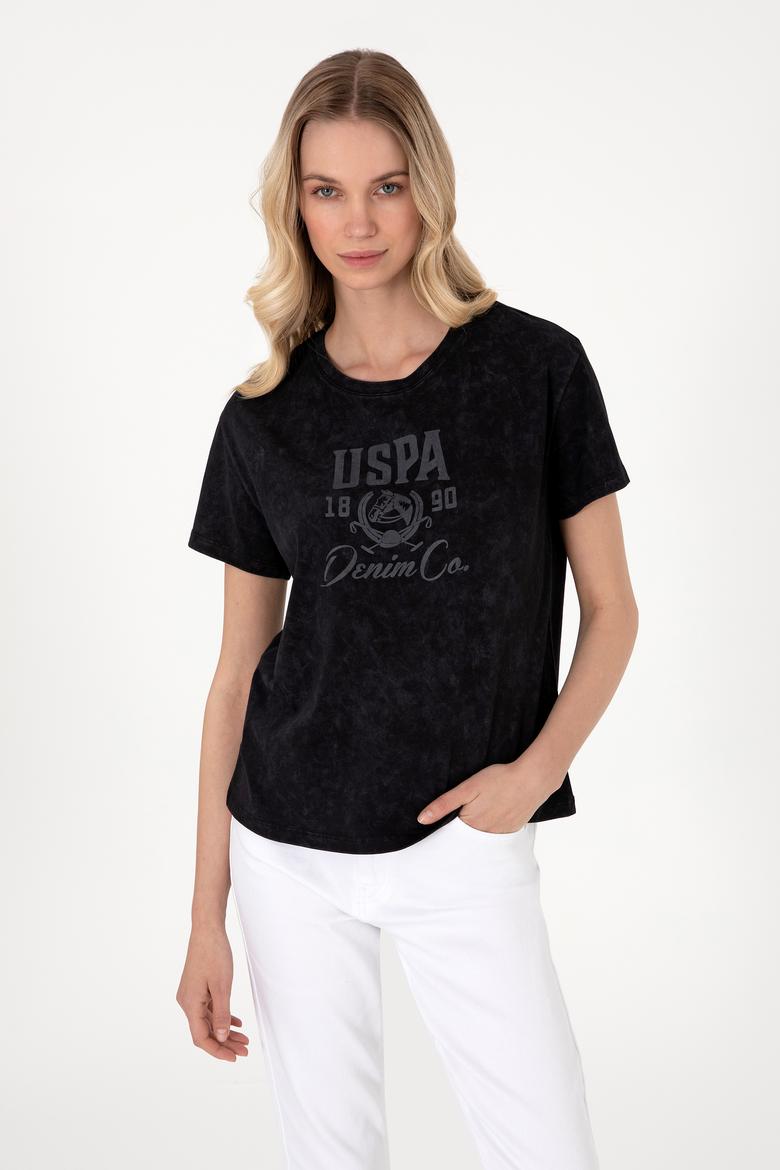 Kadın Siyah Yıkamalı Bisiklet Yaka Tişört - 50312955006