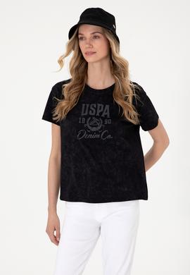 Kadın Siyah Yıkamalı Bisiklet Yaka Tişört - 50312955006